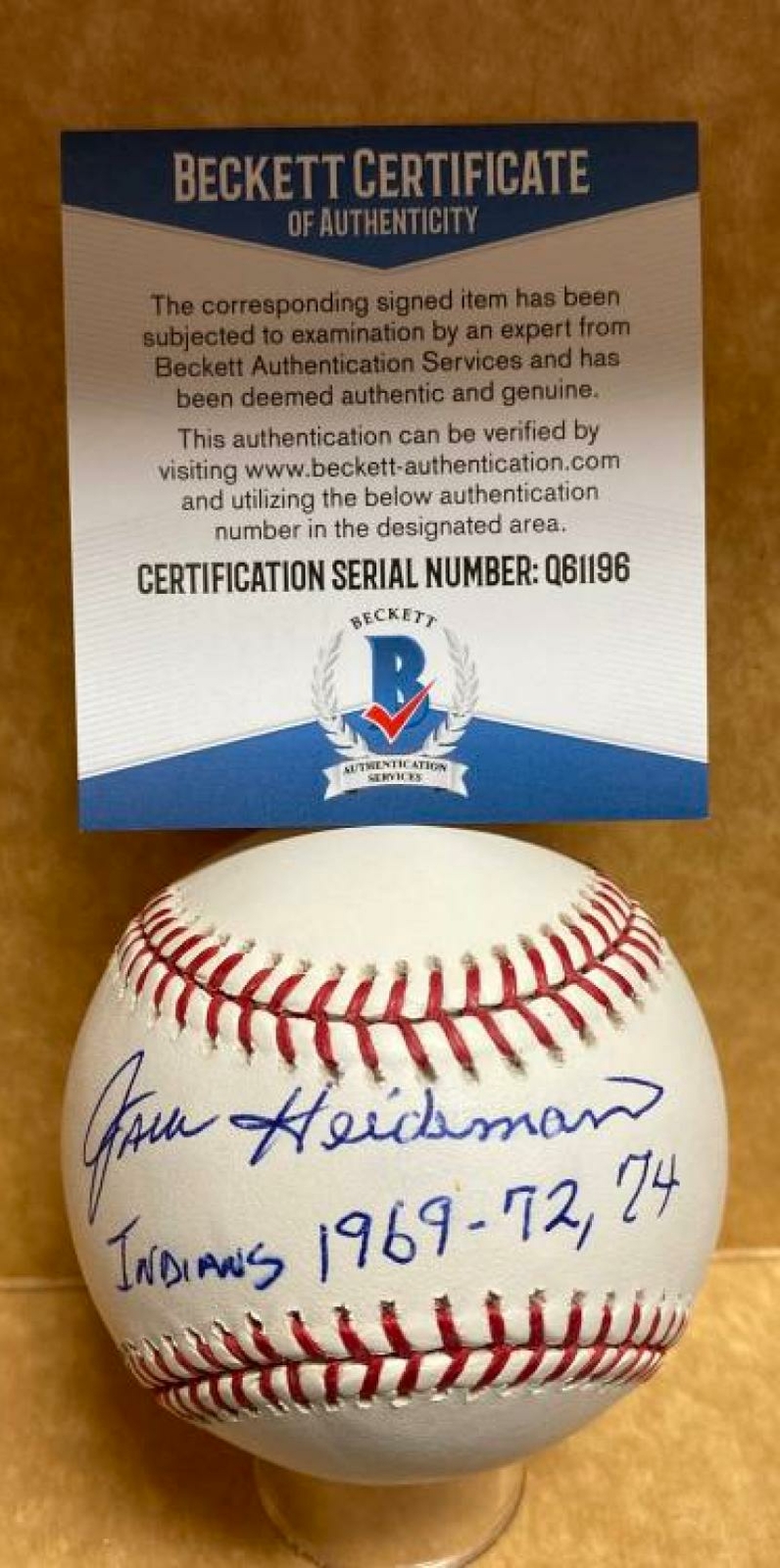 JACK HEIDEMANN INDIANS 1969-72,74 SIGNED AUTO M.L. BASEBALL BECKETT Q61196