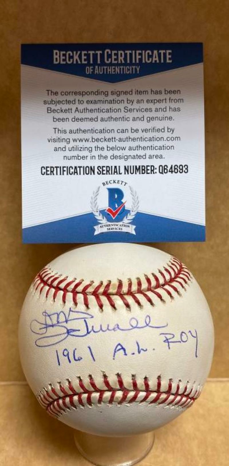 DON SCHWALL 1961 A.L. ROY RED SOX SIGNED AUTO A.L. BASEBALL BECKETT Q64693