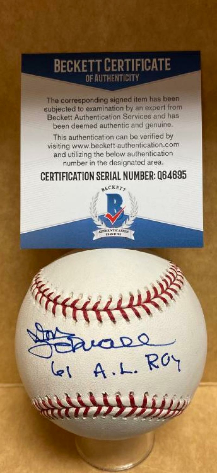 DON SCHWALL 1961 A.L. ROY RED SOX SIGNED AUTO M.L. BASEBALL BECKETT Q64695
