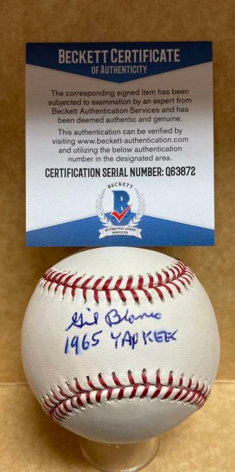 GIL BLANCO 1965 YANKEES SIGNED AUTOGRAPHED M.L. BASEBALL BECKETT Q63872