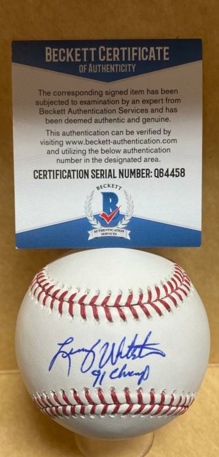 LENNY WEBSTER 91 CHAMPS TWINS SIGNED AUTOGRAPHED M.L. BASEBALL BECKETT Q64458