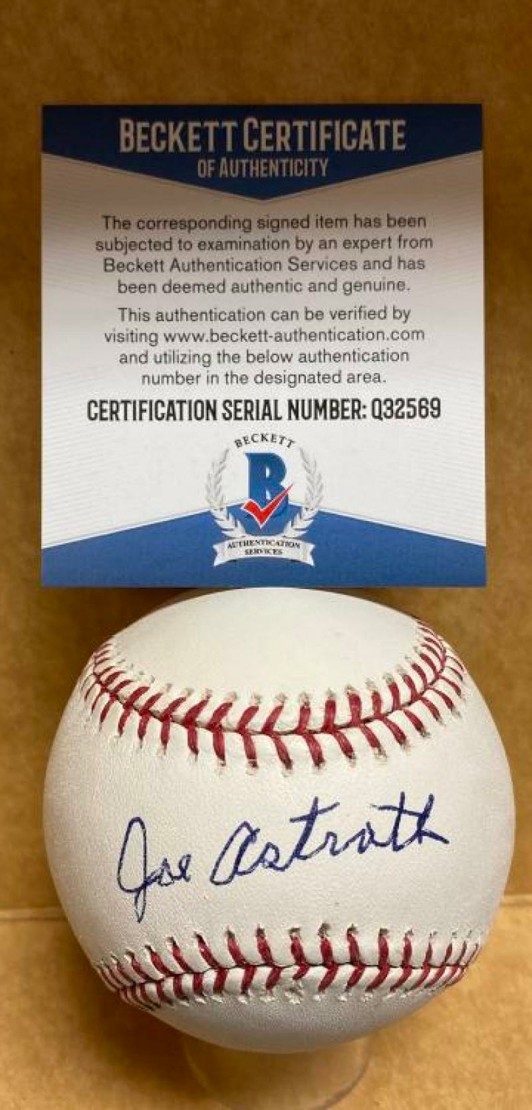 JOE ASTROTH PHILADELPHIA ATHLETICS SIGNED AUTO M.L. BASEBALL BECKETT Q32569