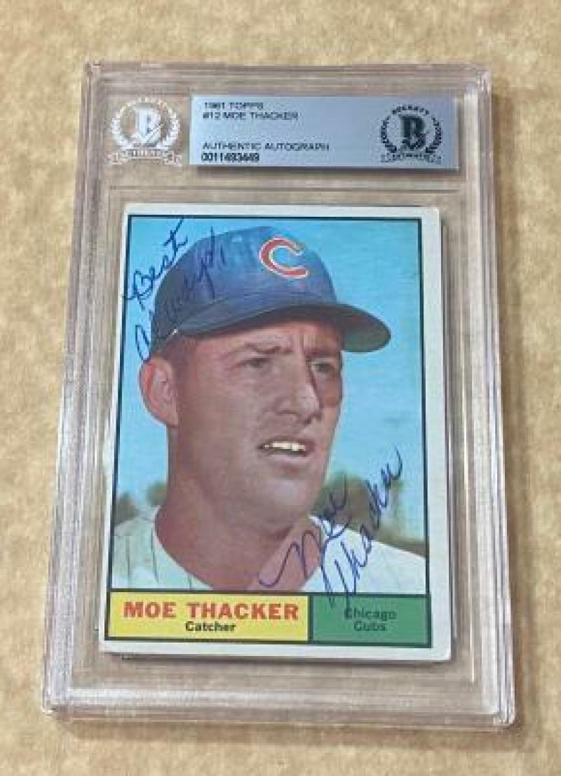 1961 TOPPS MOE THATCHER #12 CUBS SIGNED CARD BECKETT AUTHENTIC AUTO VINTAGE COLLECTIBLE MEMORABILIA