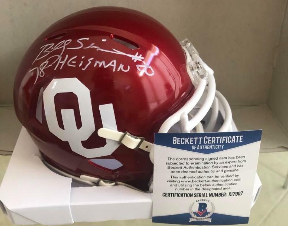 BILLY SIMS OKLAHOMA SOONERS 78 HEISMAN SIGNED SPEED MINI HELMET BECKETT X17907