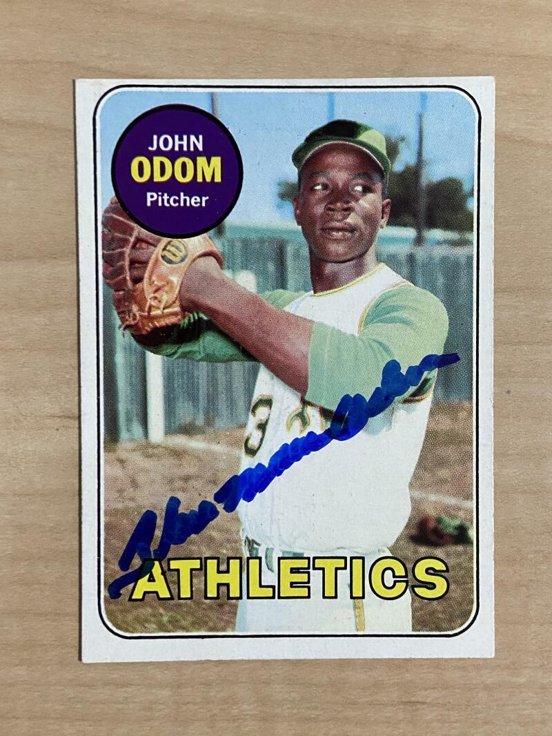 JOHN ODOM OAKLAND ATHLETICS SIGNED AUTOGRAPHED 1969 TOPPS CARD #195 W/COA
