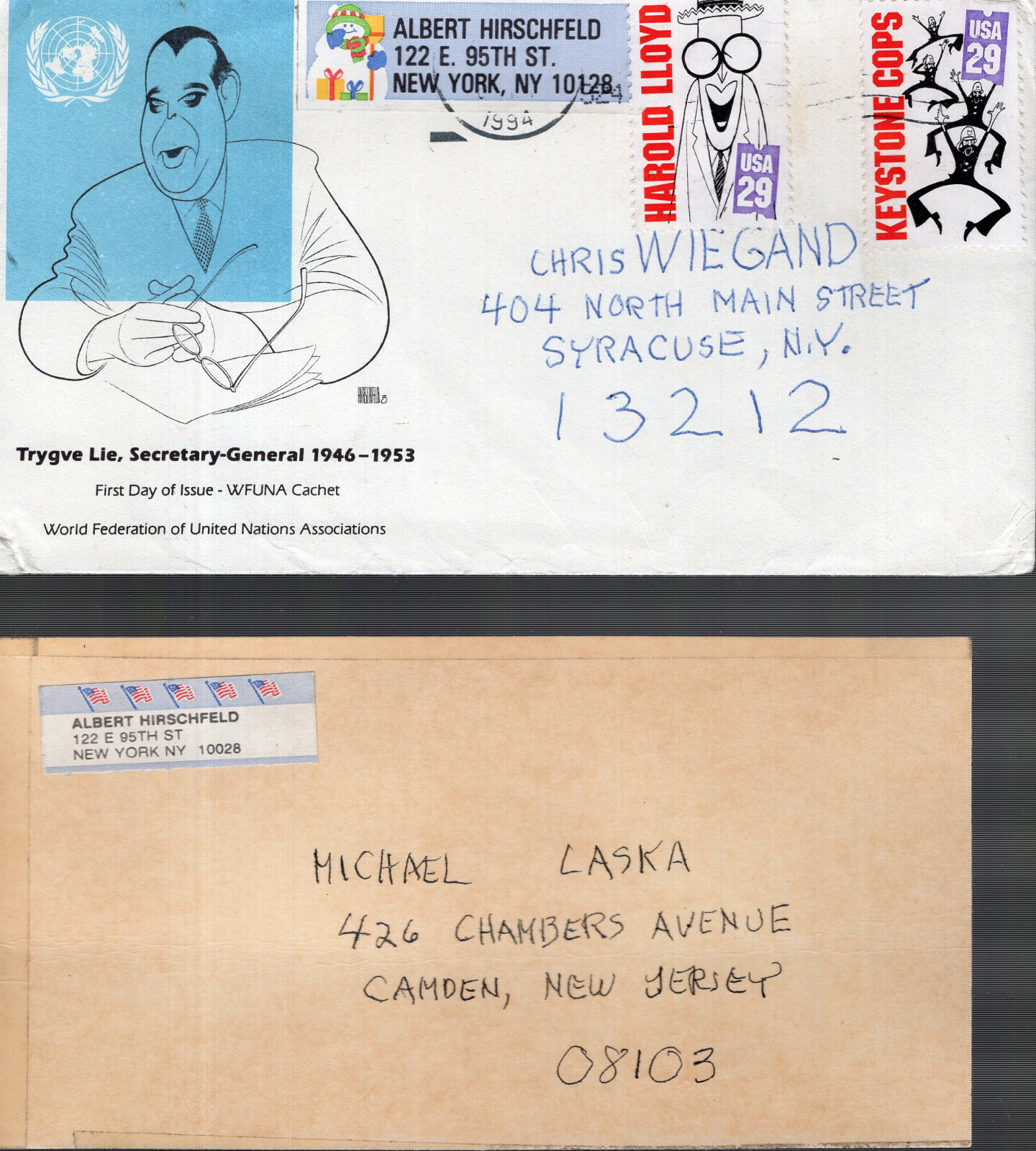 HIRSCHFELD LOT OF 2 VINTAGE FILLED OUT MAILING ENVELOPES LEGENDARY ARTIST