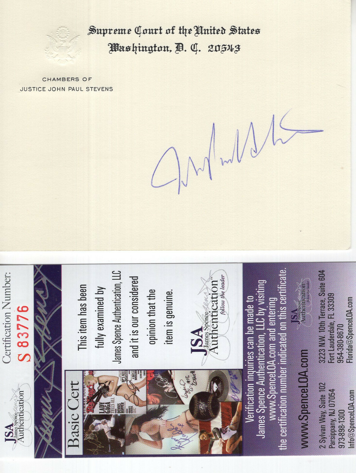 JOHN PAUL STEVENS HAND SIGNED SUPREME COURT CARD SUPREME COURT JUSTICE JSA