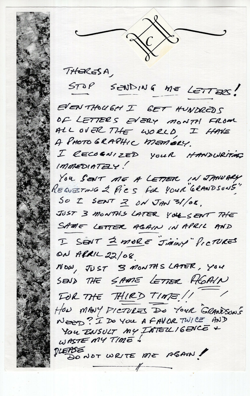 EDDIE CARROLL HAND WRITTEN NOTE WITH AMAZING CONTENT VOICE OF JIMINY CRICKET