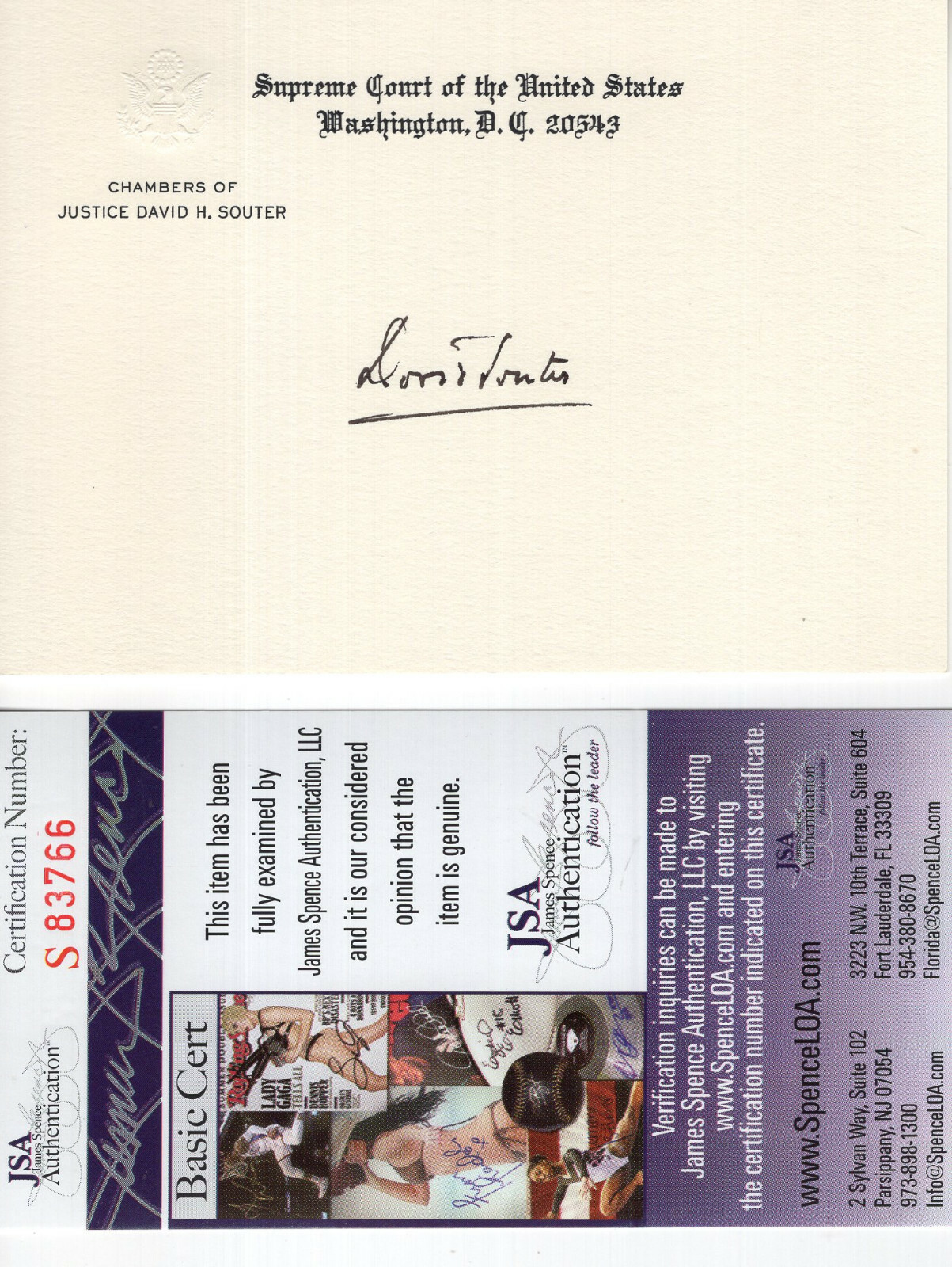 DAVID SOUTER HAND SIGNED SUPREME COURT CHAMBERS CARD SC JUSTICE JSA
