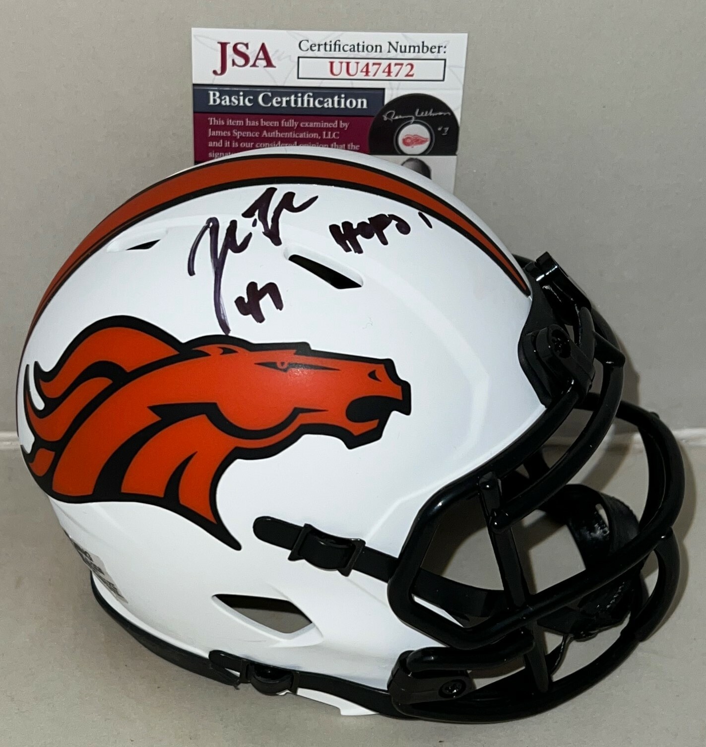 John Lynch signed Denver Broncos Lunar Eclipse mini helmet W HOF Inscription JSA