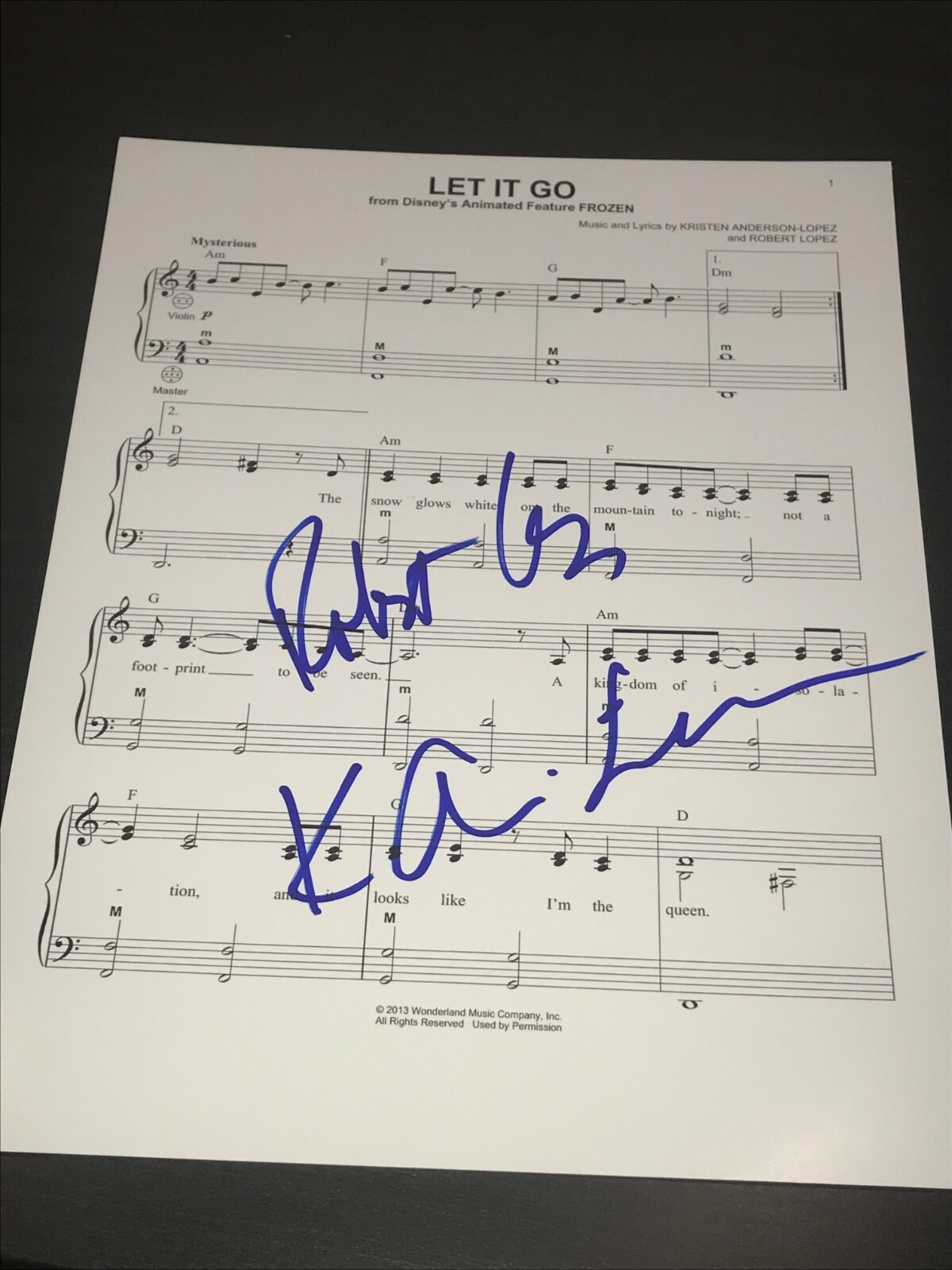 ROBERT LOPEZ KRISTEN ANDERSON LOPEZ SIGNED SHEET MUSIC LET IT GO FROZEN DISNEY