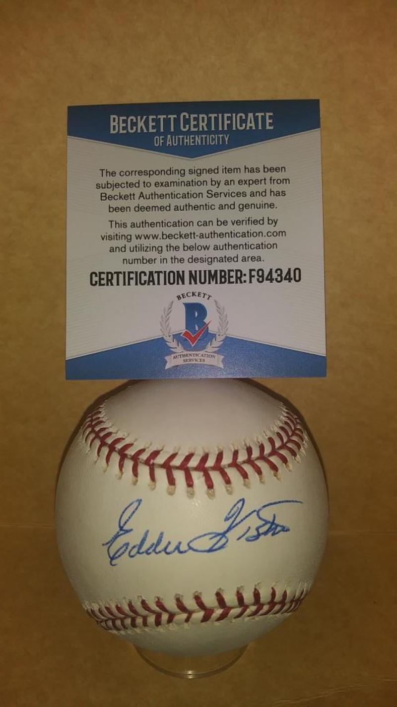 EDDIE FISHER INDIANS/ANGELS/GIANTS SIGNED AUTO M.L. BASEBALL BECKETT F94340