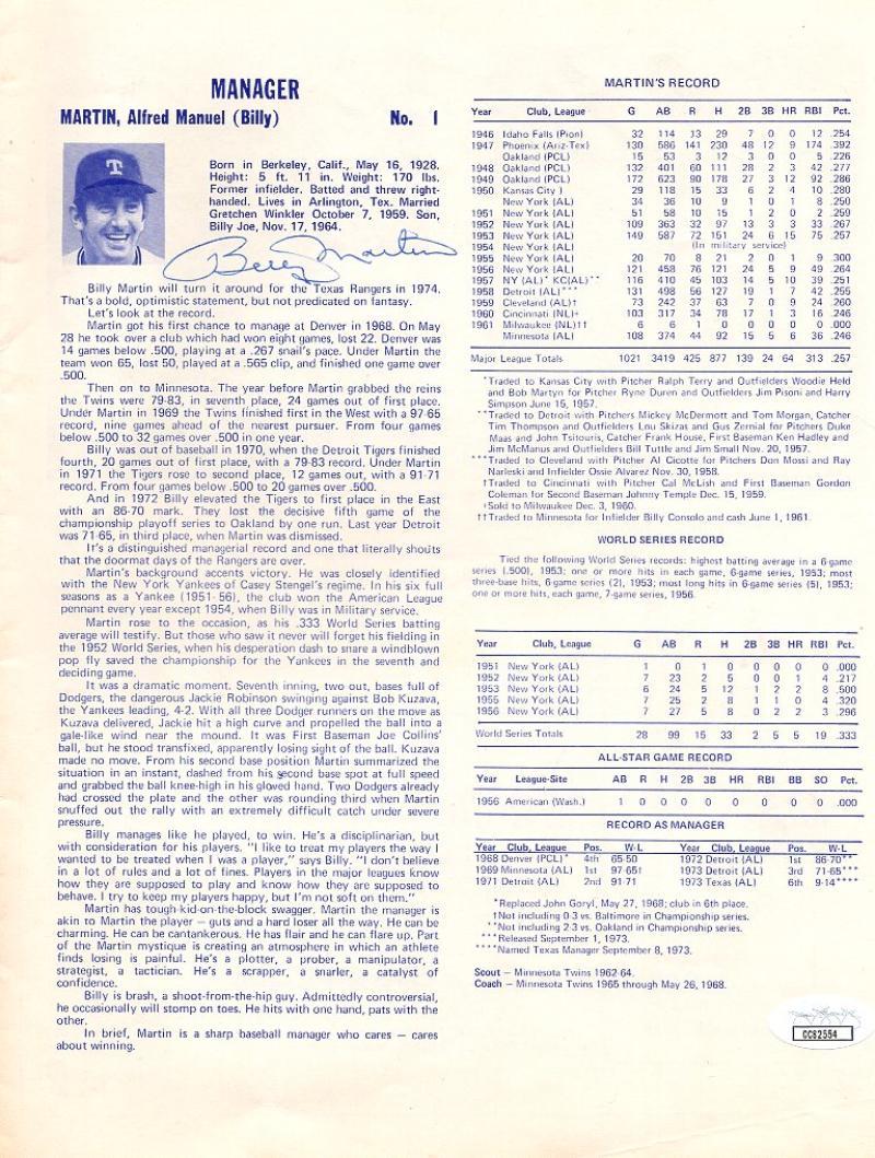 1974 TEXAS RANGERS RARE SIGN BILLY MARTIN ETC PROGRAM JSA CC82554 COLLECTIBLE MEMORABILIA