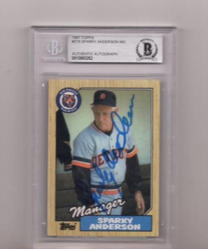 1987 TOPPS SPARKY ANDERSON #218 TIGERS SIGNED CARD BECKETT AUTHENTIC AUTOGRAPHED