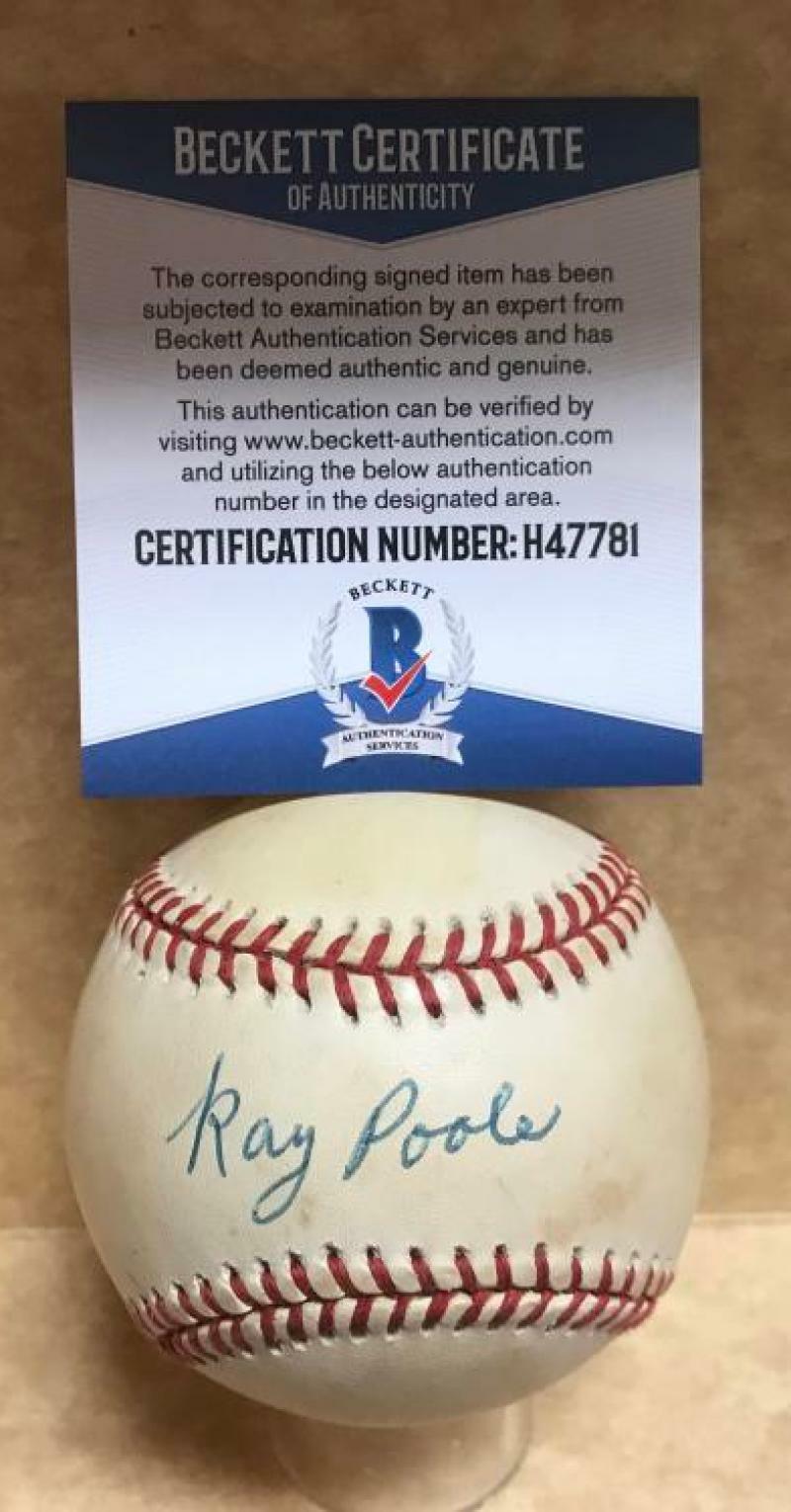 RAY POOLE PHILADELPHIA ATHLETICS VINTAGE SIGNED A.L. BASEBALL BECKETT H47781
