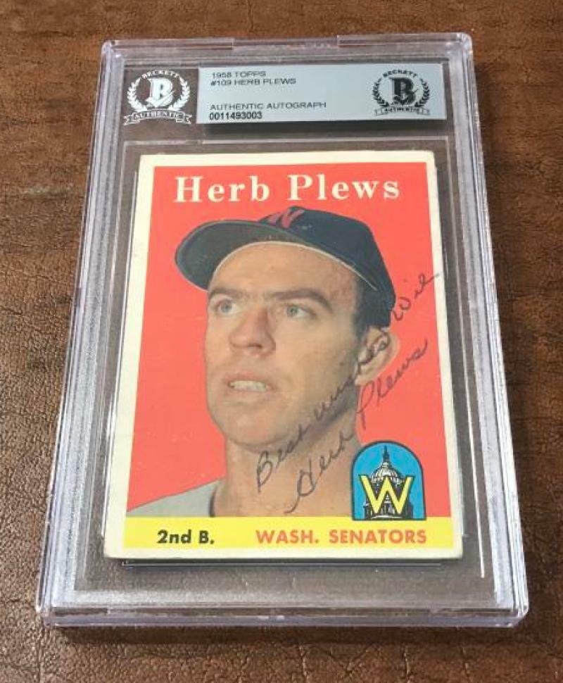 1958 TOPPS HERB PLEWS SENATORS SIGNED CARD BECKETT AUTHENTIC AUTOGRAPH