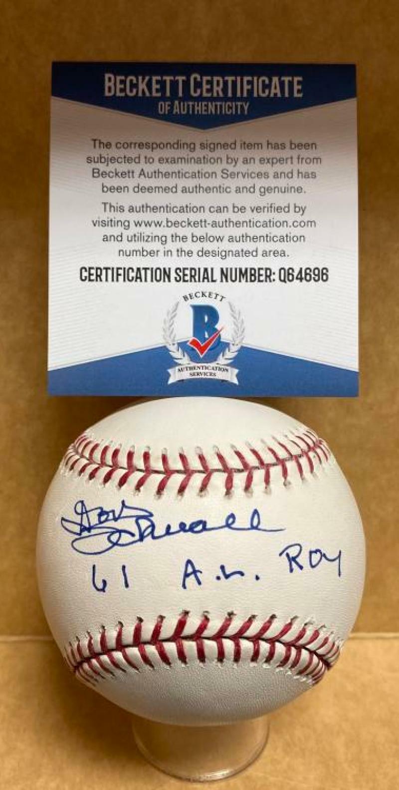 DON SCHWALL 1961 A.L. ROY RED SOX SIGNED AUTO M.L. BASEBALL BECKETT Q64696