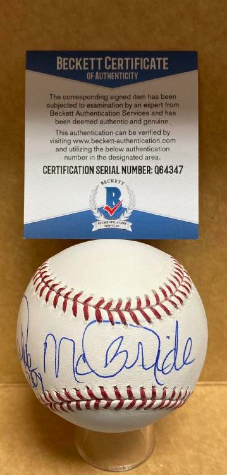 BAKE MCBRIDE 1974 ROY CARDINALS SIGNED AUTOGRAPHED M.L. BASEBALL BECKETT Q64347
