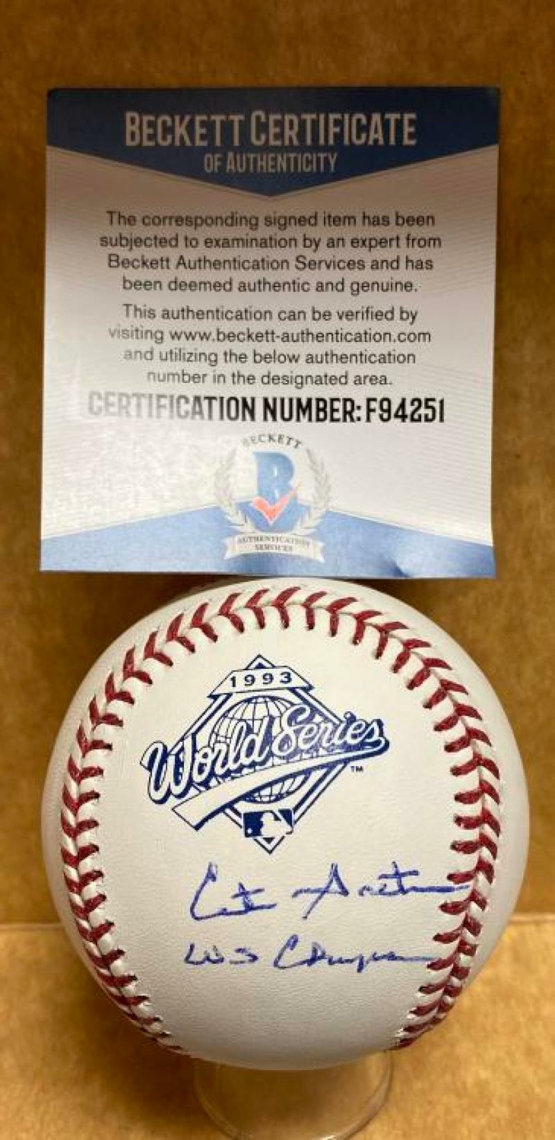 CITO GASTON BLUE JAYS SIGNED UNDER 1993 WORLD SERIES LOGO BASEBALL F94251