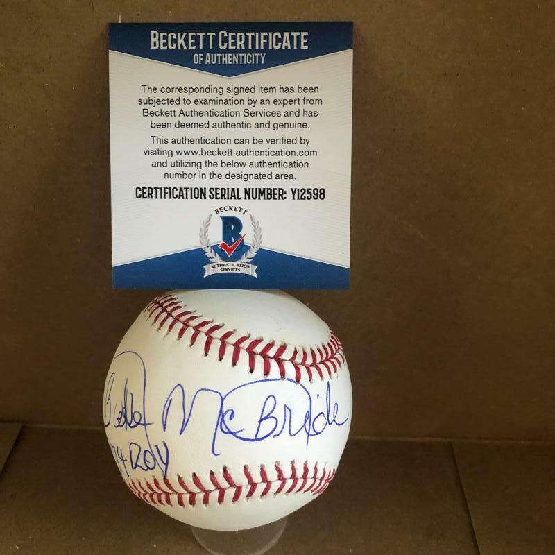 BAKE MCBRIDE 1974 ROY CARDINALS SIGNED AUTOGRAPHED M.L. BASEBALL BECKETT Y12598
