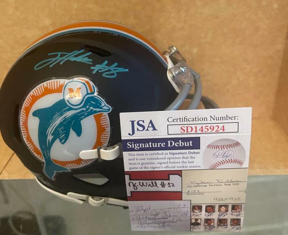 JEVON HOLLAND MIAMI DOLPHINS SIGNED CUSTOM MINI HELMET SIGNATURE DEBUT JSA
