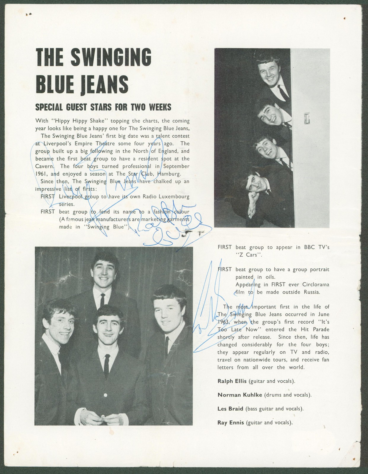 Swinging Blue Jeans (4) Ellis, Kuhlke, Braid & Ennis Signed Magazine Page BAS