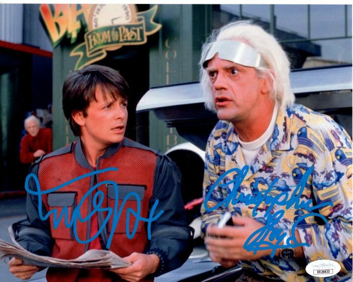 MICHAEL J. FOX CHRISTOPHER LLOYD signed 8x10 BACK TO THE FUTURE photo JSA LOA