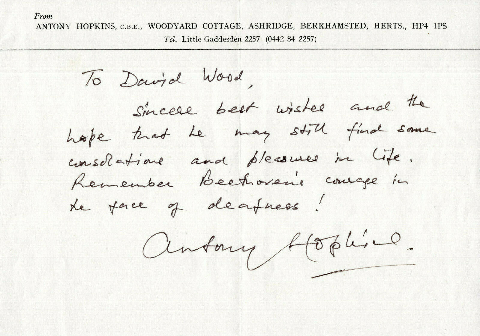 ANTONY HOPKINS SIGNED 6x8 HAND WRITTEN LETTER+COA GREAT COMPOSER+PIANIST