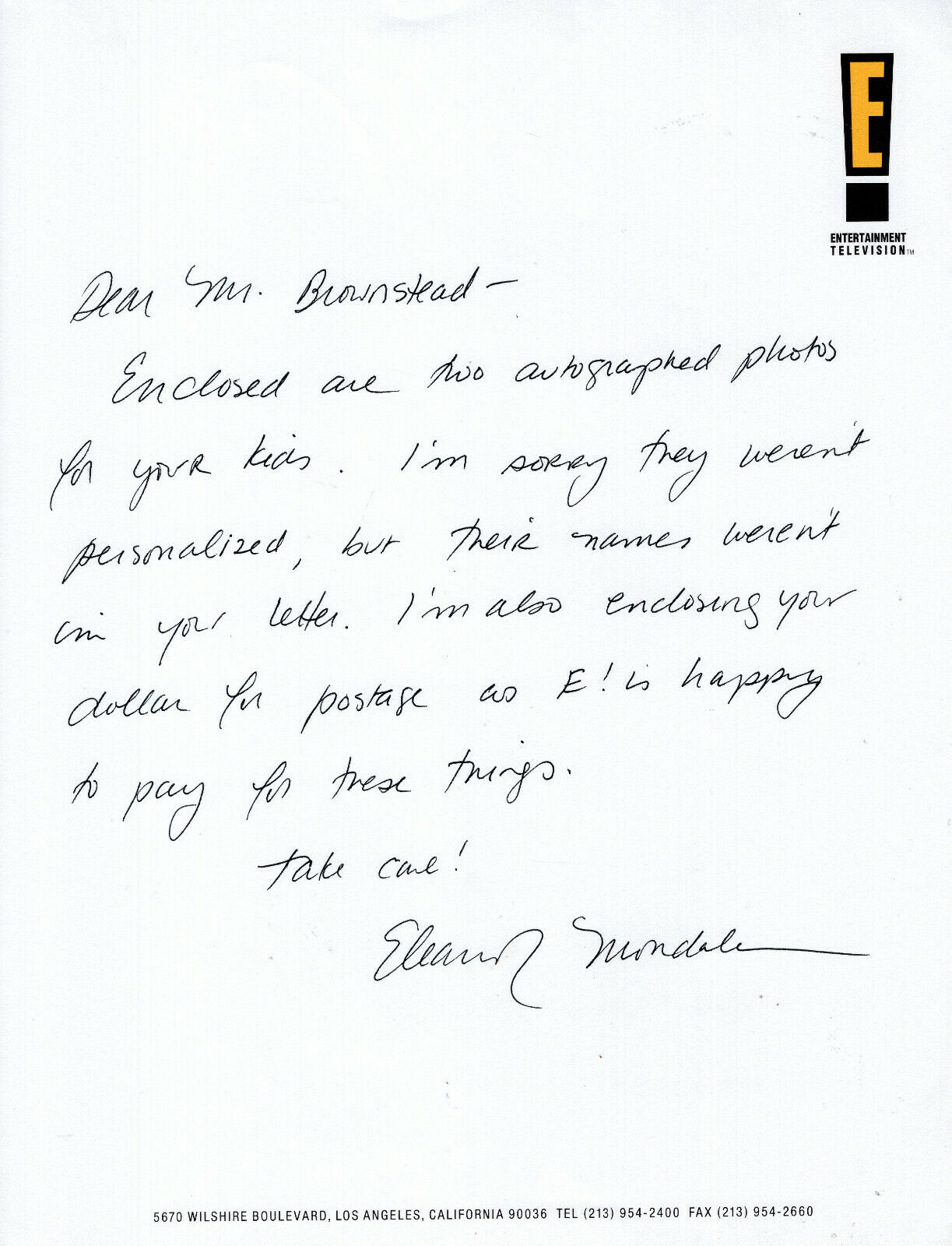 ELEANOR MONDALE HAND SIGNED+HAND WRITTEN 8x11 LETTER+COA TV HOST+ACTRESS ON E