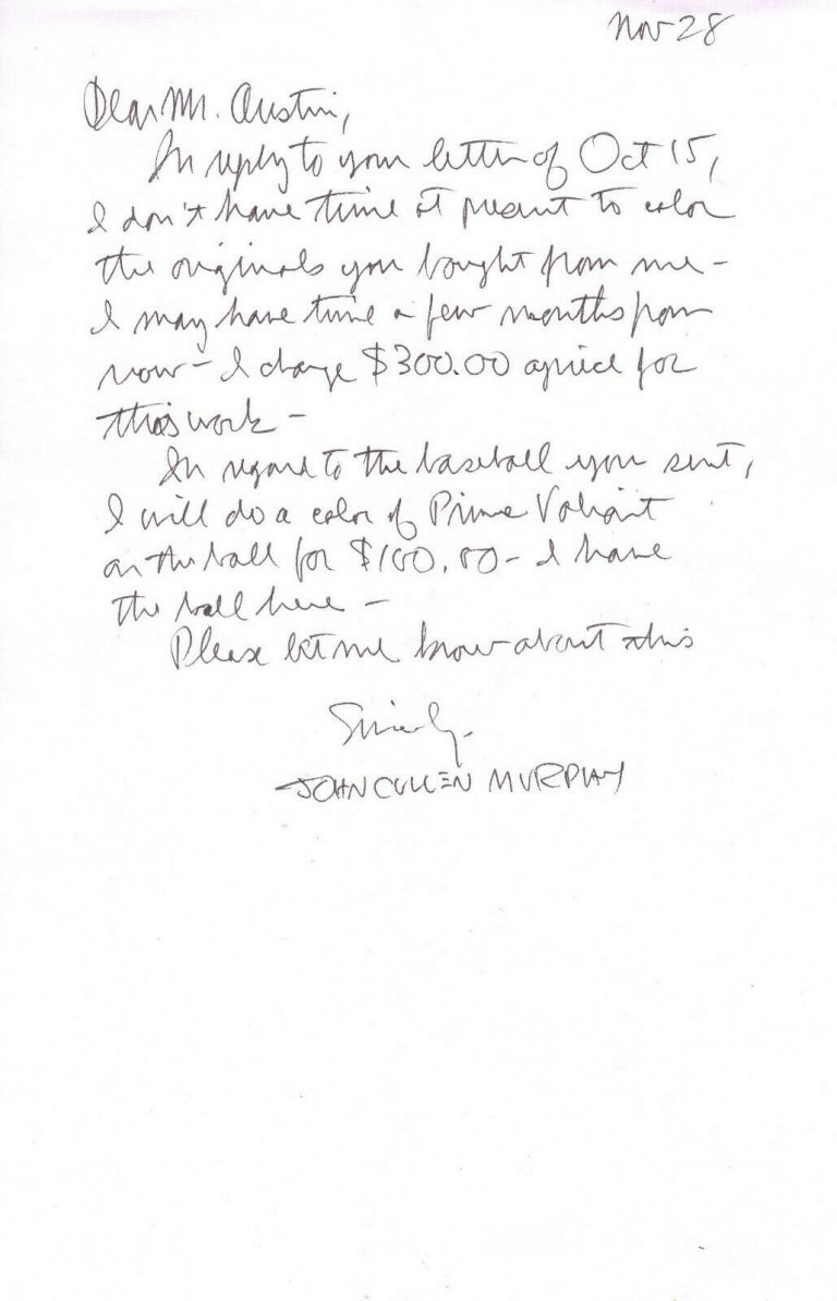 JOHN CULLEN MURPHY HAND SIGNED 5×8 NOTE+ORIGINAL ENVELOPE+COA PRINCE VALIANT COLLECTIBLE MEMORABILIA