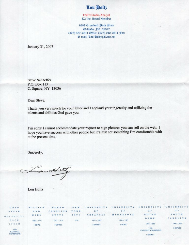 LOU HOLTZ HAND SIGNED 8x11 TYPED LETTER ON LETTERHEAD+COA NOTRE DAME ...