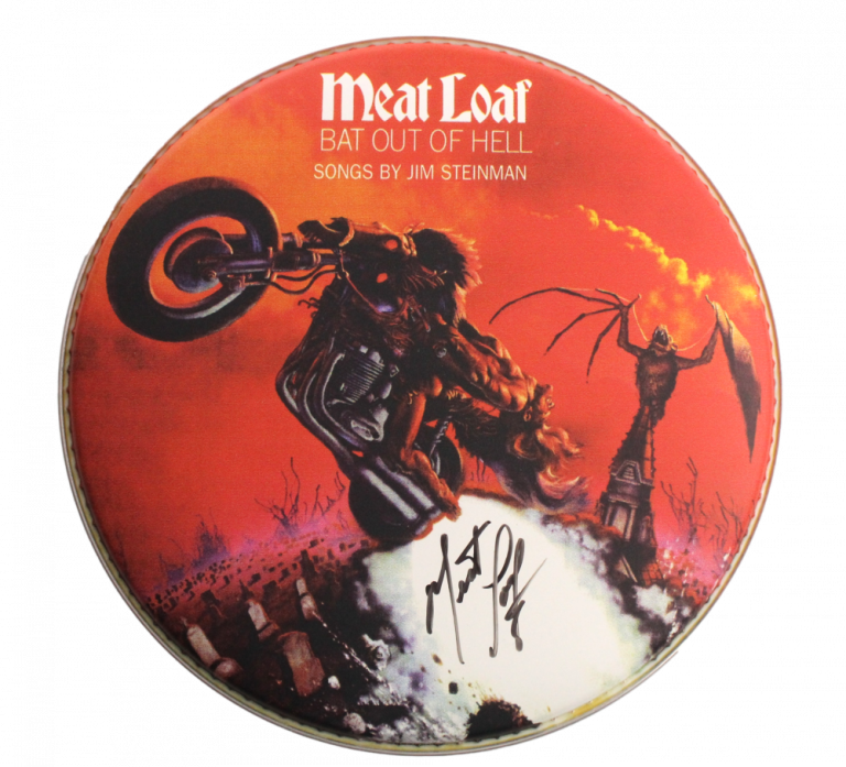 MEAT LOAF SIGNED AUTOGRAPH CUSTOM 12″ BAT OUT OF HELL DRUMHEAD – RARE! W/ JSA COLLECTIBLE MEMORABILIA