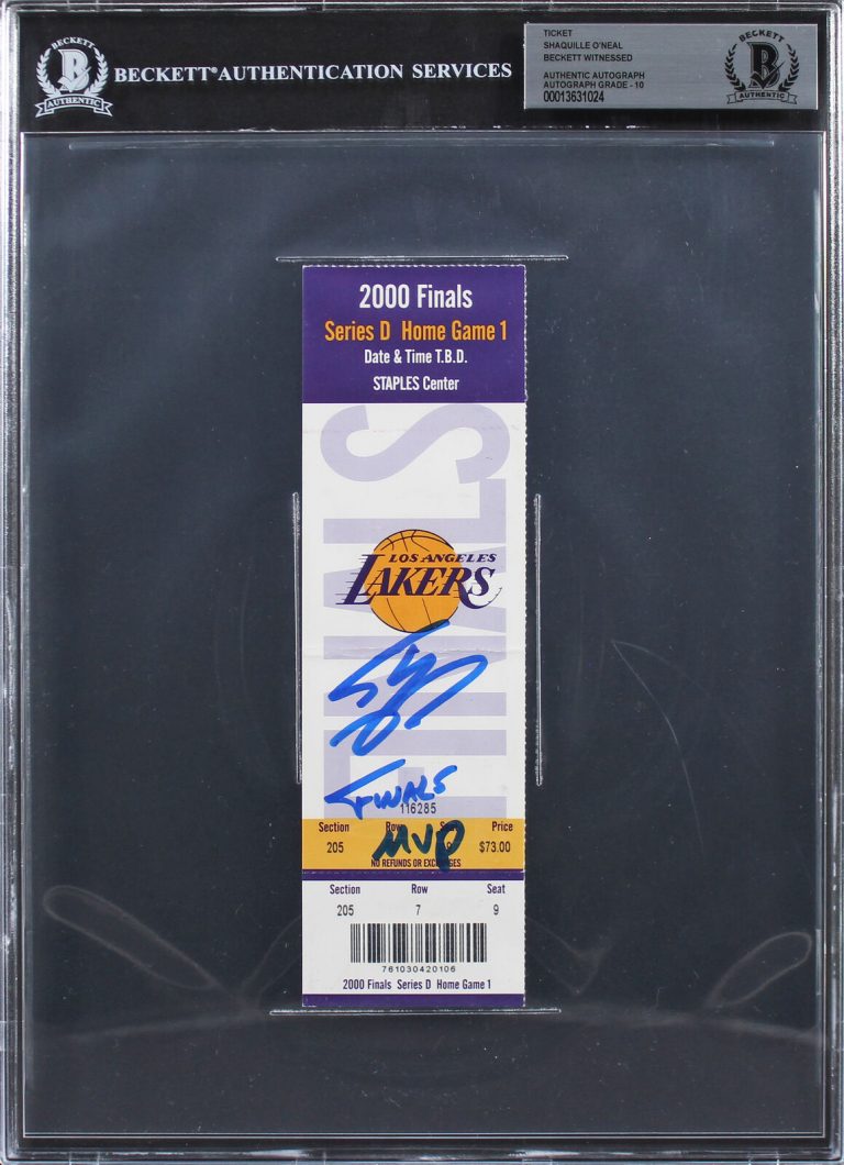 SHAQUILLE O’NEAL FINALS MVP SIGNED 2000 FINALS GM 1 TICKET STUB AUTO 10 BAS SLAB COLLECTIBLE MEMORABILIA