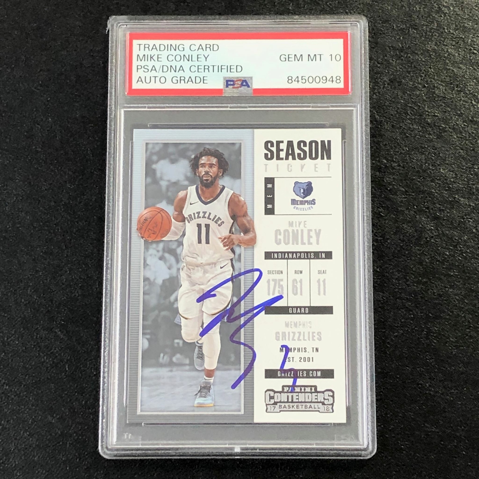 2017-18 Contenders Playoff Ticket #72 Mike Conley signed Card Auto 10 PSA Slabbe