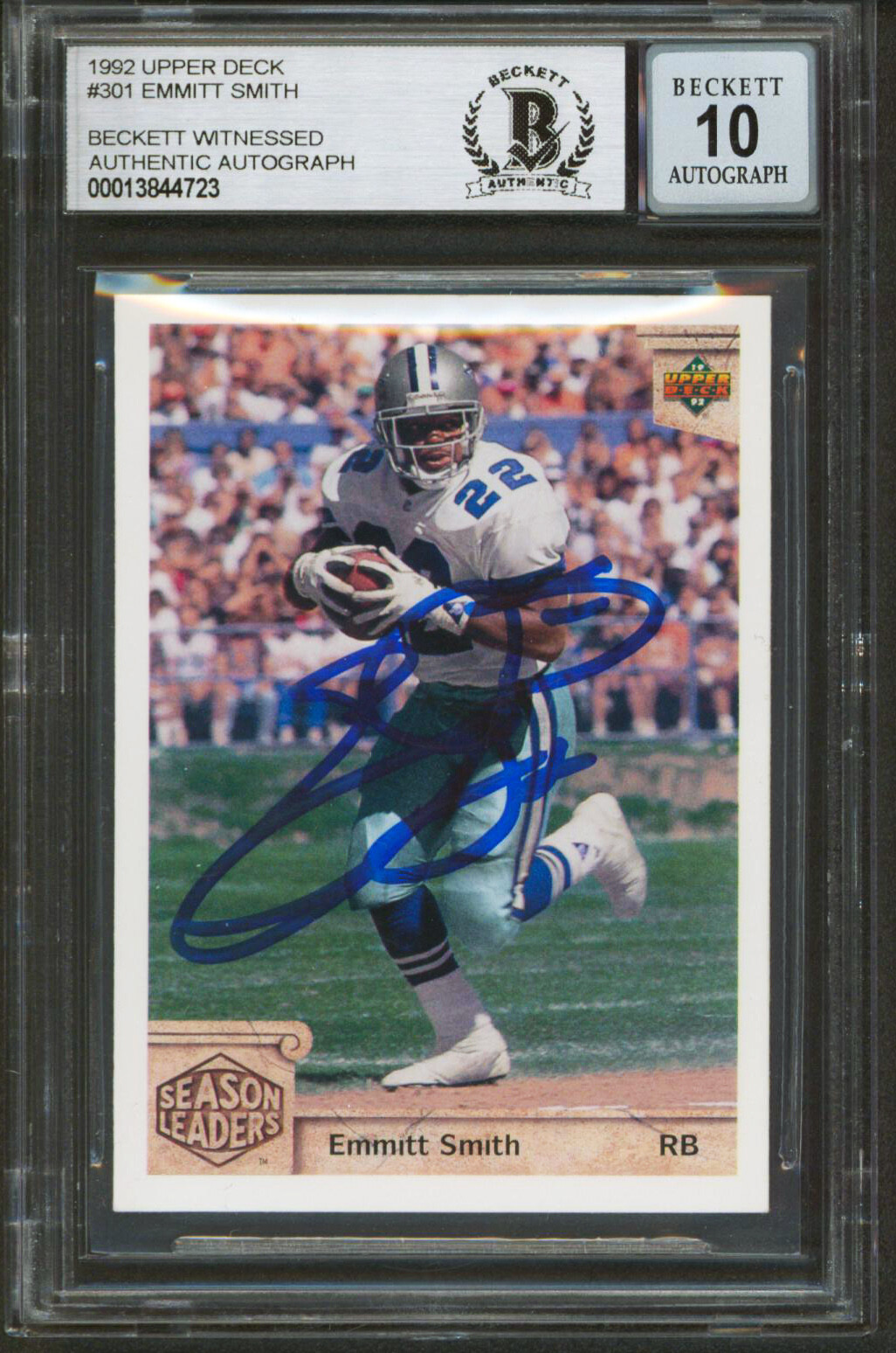 Cowboys Emmitt Smith Signed 1992 Upper Deck #301 Card Auto Graded 10 BAS Slabbed