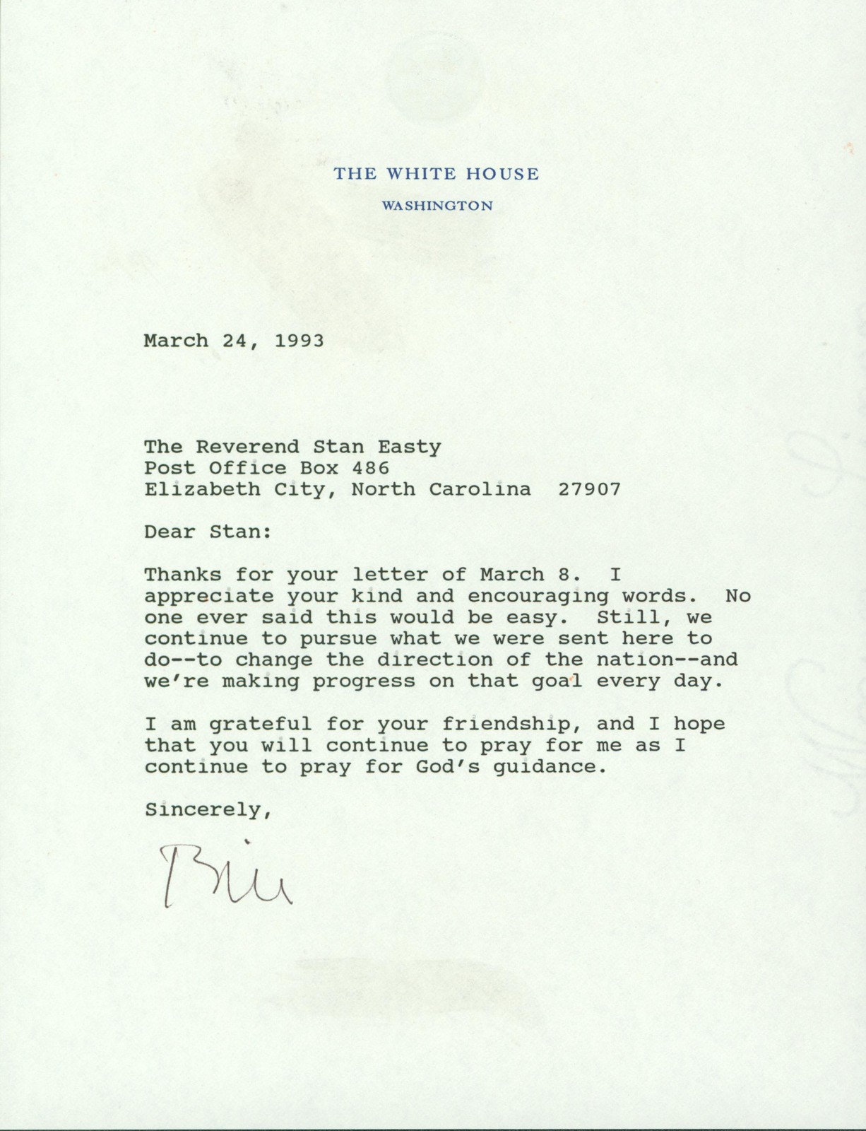 Bill Clinton Signed 6.75x9 1993 Typed Letter On WH Letterhead BAS #AB14597
