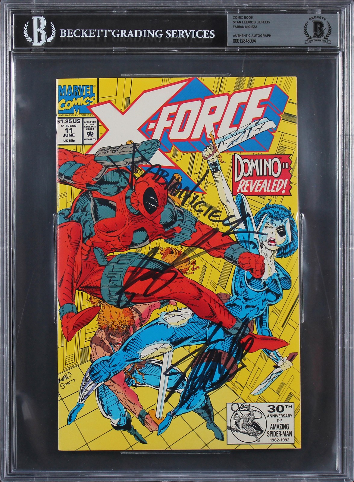 (3) STAN LEE, ROB LIEFELD & FABIAN NICIEZA SIGNED X-FORCE #11 COMIC BAS SLABBED COLLECTIBLE MEMORABILIA