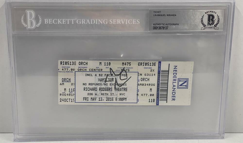 LIN-MANUEL MIRANDA SIGNED HAMILTON BROADWAY TICKET 2016 AUTO SLABBED BECKETT