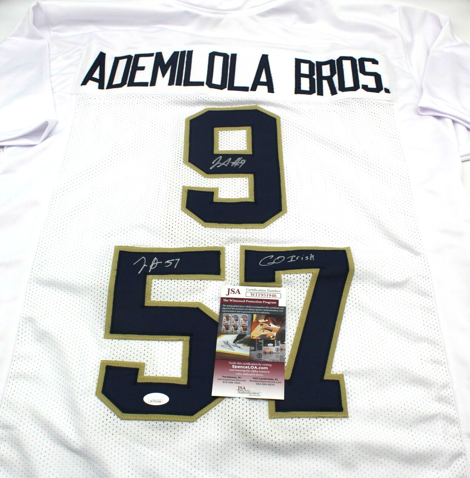 Justin & Jayson Ademilola Dual Signed Custom Notre Dame Jersey w/JSA COA WITNESS