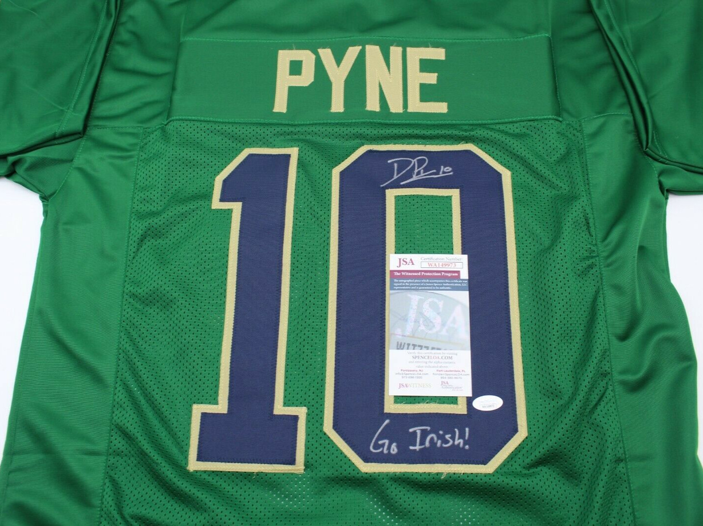 Drew Pyne Signed Custom Green Notre Dame Football Jersey Go Irish! Proof w/JSA