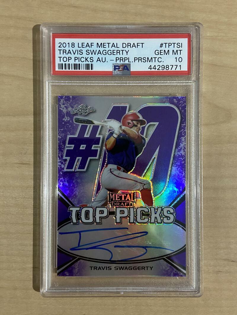 2018 LEAF METAL DRAFT TRAVIS SWAGGERTY TOP PICKS AU,-PURPLE PRISMATIC PSA 10
