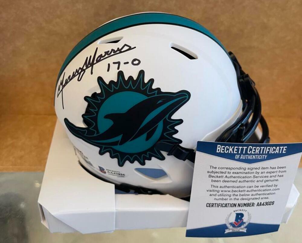MERCURY MORRIS MIAMI DOLPHINS 17-0 SIGNED LUNAR MINI HELMET BAS AA43026