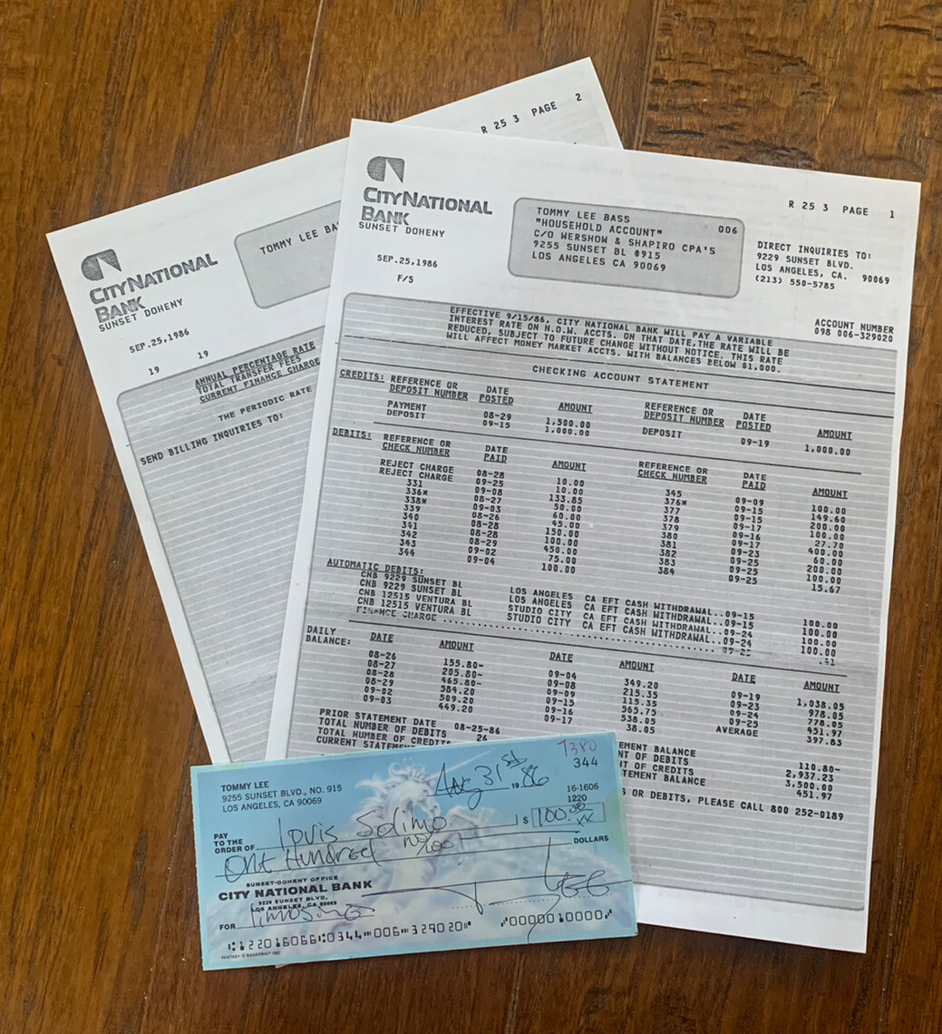 Tommy Lee Motley Crue 1986 Signed Autographed Personal Check Psa BAS Guaranteed