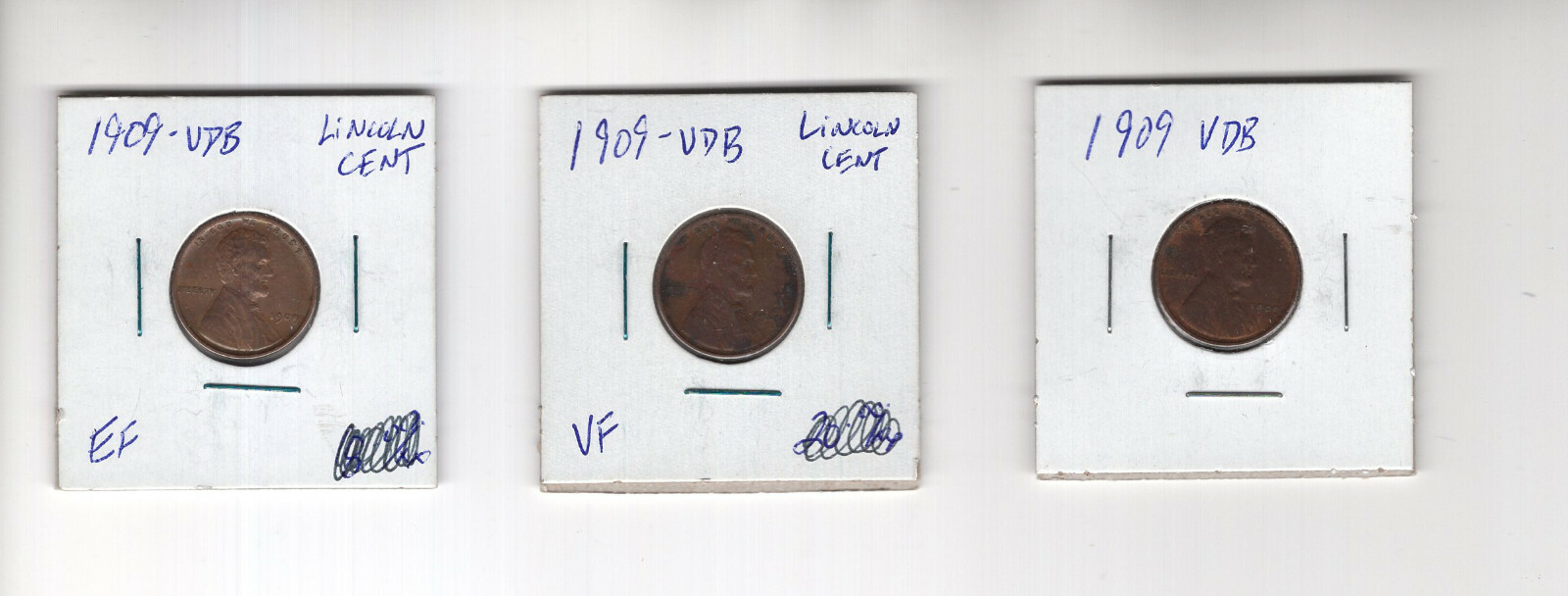 1909 VDB LINCOLN WHEAT CENT PENNIES LOT OF 3 ONE VF+ONE EF RARE