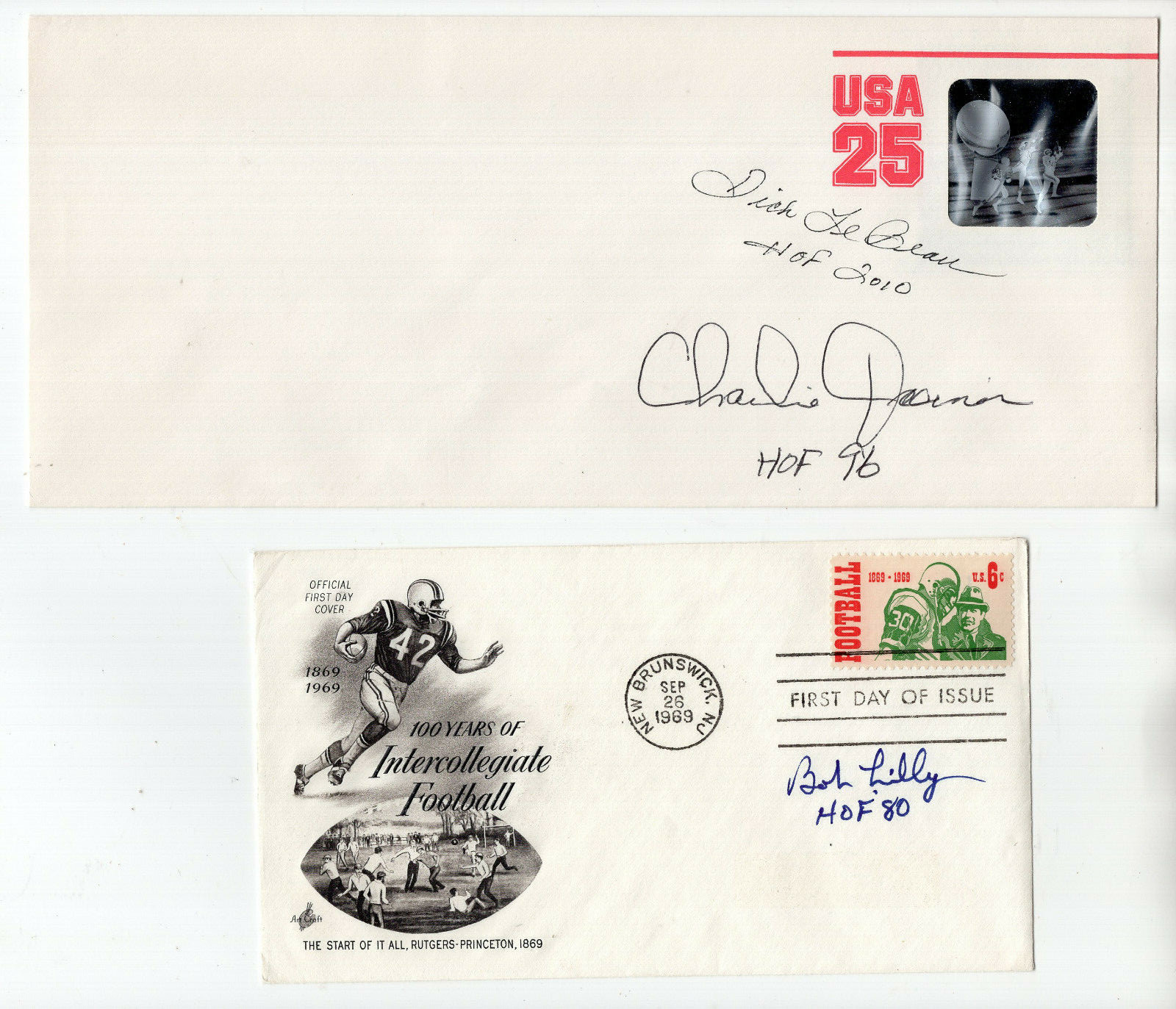 LOT OF 2 HAND SIGNED NFL FIRST DAY COVERS+COA BOB LILLY+JOINER+DICK LEBEAU