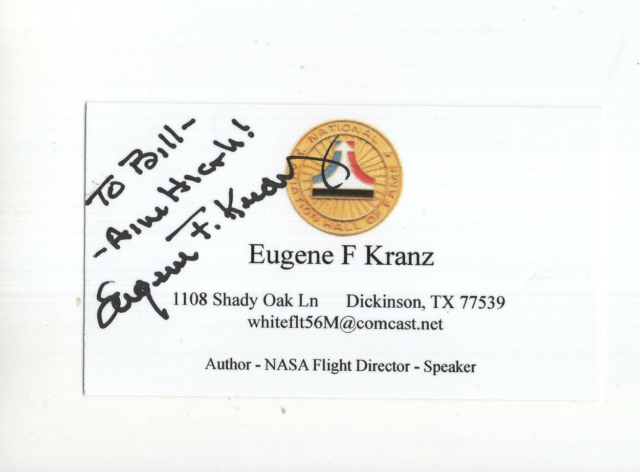 GENE KRANZ HAND SIGNED AVIATION HALL OF FAME BUSINESS CARD+COA NASA TO BILL