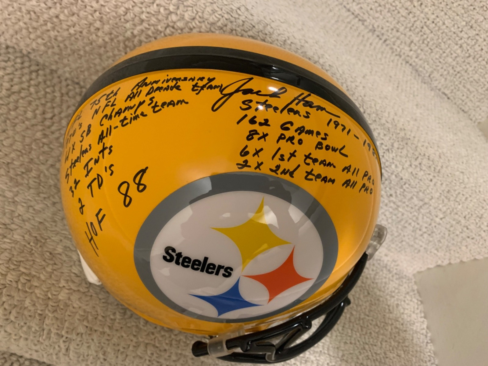 JACK HAM HAND SIGNED PITTSBURGH STEELERS FULL SIZE HELMET 13 INSCRIPTIONS JSA