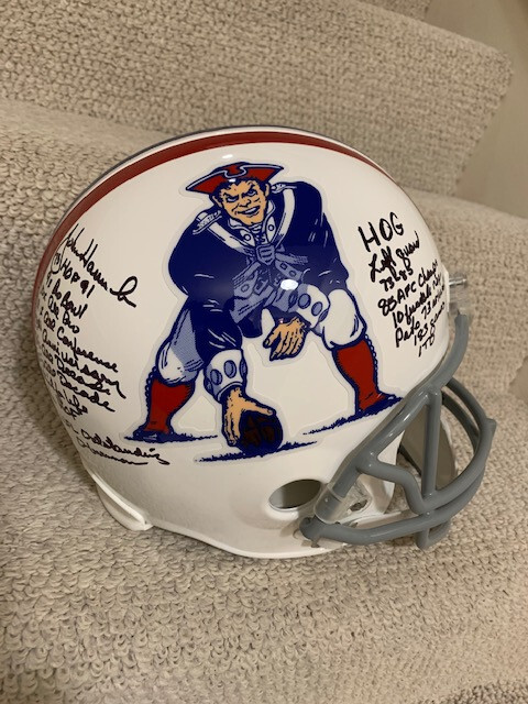 JOHN HANNAH HAND SIGNED NE PATRIOTS FULL SIZE HELMET 18 INSCRIPTIONS JSA