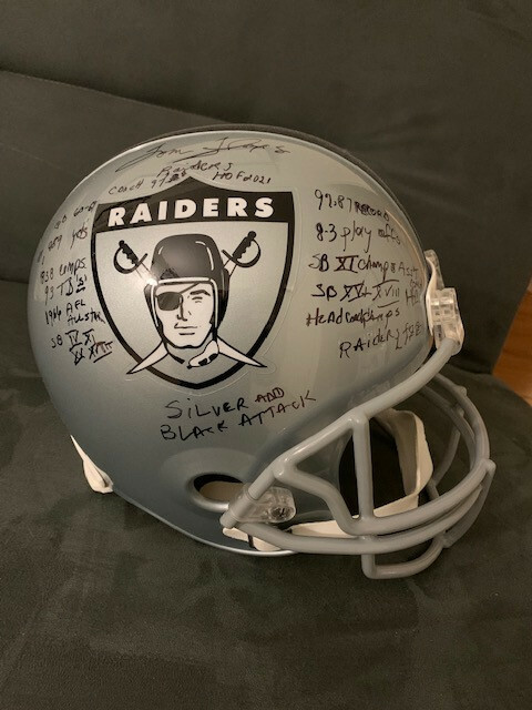 TOM FLORES SIGNED RAIDERS FULL SIZE STAT HELMET 14 INSCRIPTIONS JSA