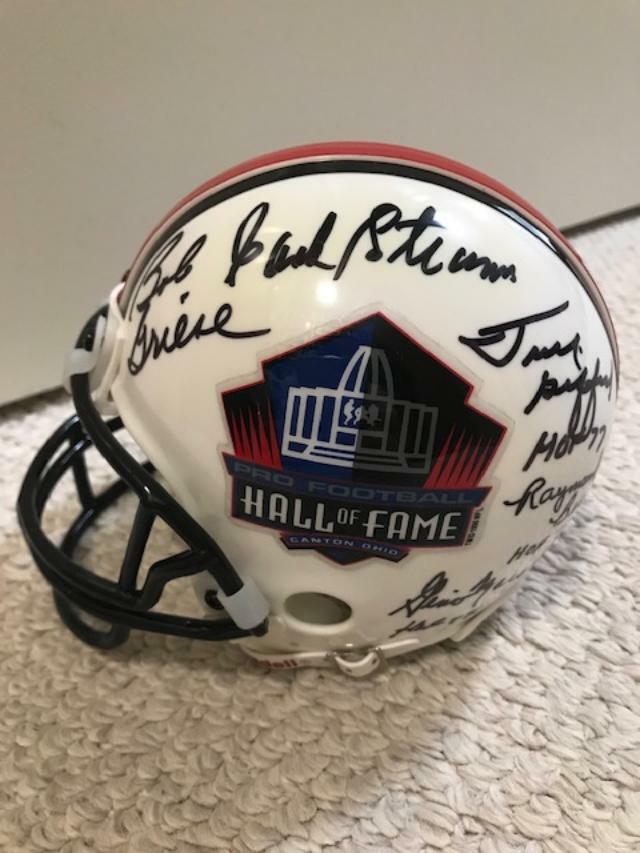 NFL HOF HAND SIGNED MINI HELMET+COA SIGNED BY 10 STRAM+GIFFORD+SAYERS+7